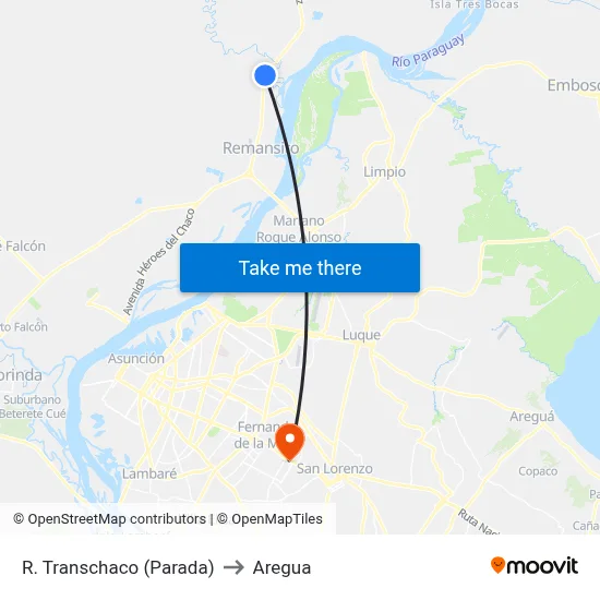 R. Transchaco (Parada) to Aregua map