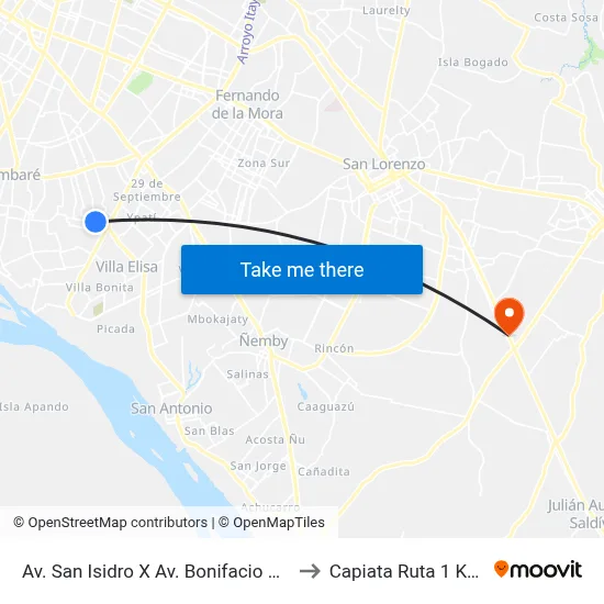 Av. San Isidro X Av. Bonifacio Ovando to Capiata Ruta 1 Km 19 map