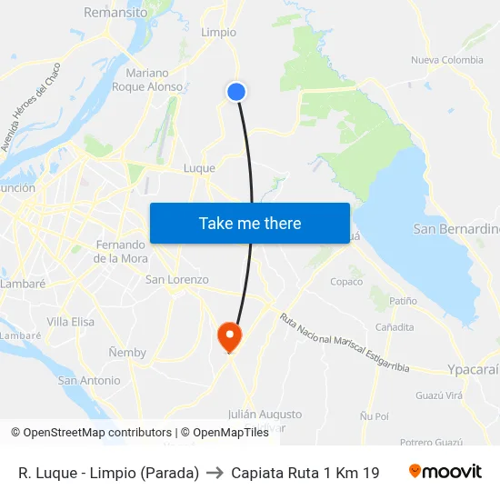 R. Luque - Limpio (Parada) to Capiata Ruta 1 Km 19 map