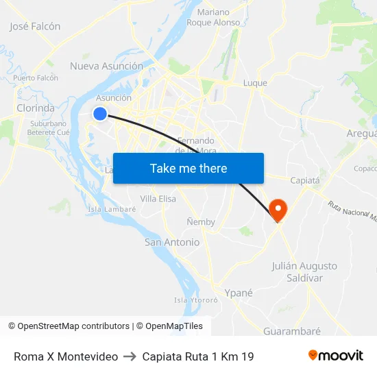 Roma X Montevideo to Capiata Ruta 1 Km 19 map
