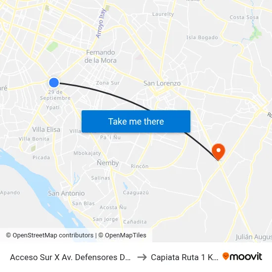 Acceso Sur X Av. Defensores Del Chaco to Capiata Ruta 1 Km 19 map