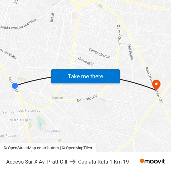 Acceso Sur X Av. Pratt Gill to Capiata Ruta 1 Km 19 map