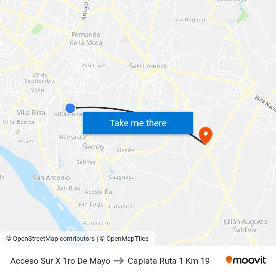 Acceso Sur X 1ro De Mayo to Capiata Ruta 1 Km 19 map