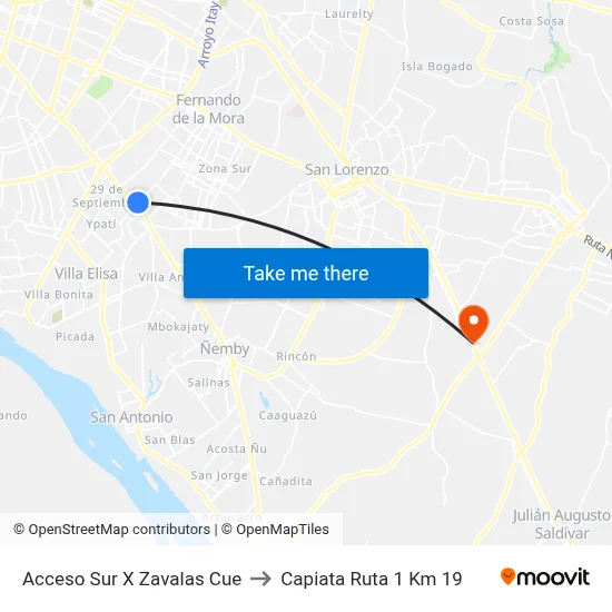 Acceso Sur X Zavalas Cue to Capiata Ruta 1 Km 19 map