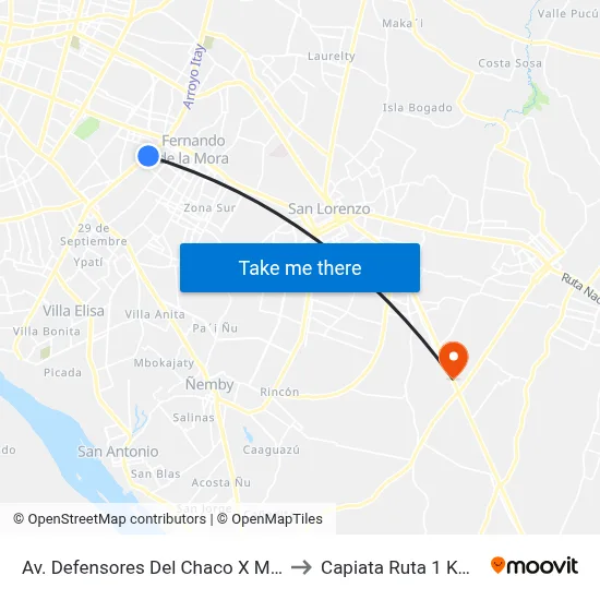 Av. Defensores Del Chaco X Molina to Capiata Ruta 1 Km 19 map