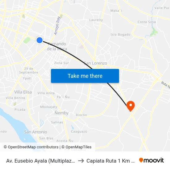 Av. Eusebio Ayala (Multiplaza) to Capiata Ruta 1 Km 19 map