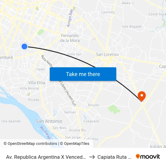 Av. Republica Argentina X Vencedores Del Chaco to Capiata Ruta 1 Km 19 map