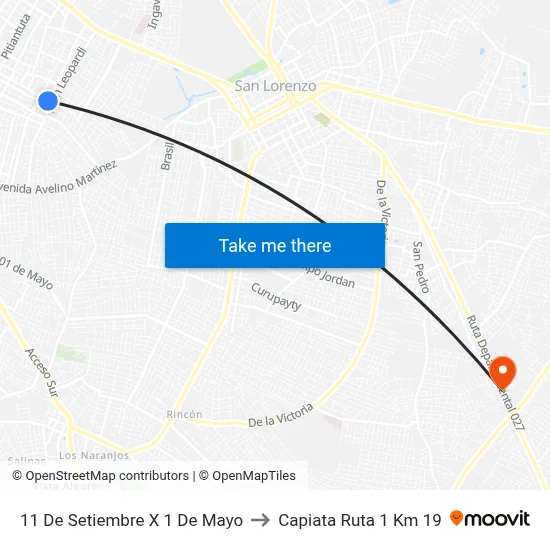 11 De Setiembre X 1 De Mayo to Capiata Ruta 1 Km 19 map