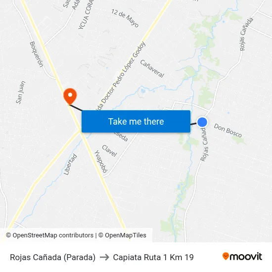 Rojas Cañada (Parada) to Capiata Ruta 1 Km 19 map