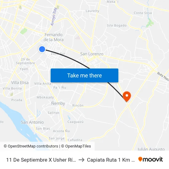 11 De Septiembre X Usher Ríos to Capiata Ruta 1 Km 19 map