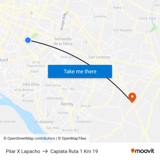 Pilar X Lapacho to Capiata Ruta 1 Km 19 map