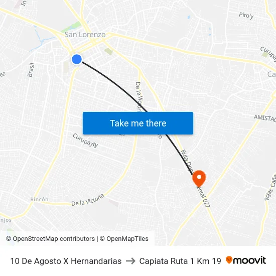 10 De Agosto X Hernandarias to Capiata Ruta 1 Km 19 map