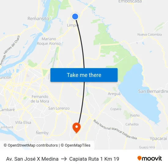 Av. San José X Medina to Capiata Ruta 1 Km 19 map