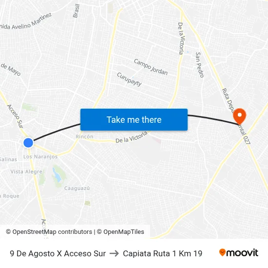 9 De Agosto X Acceso Sur to Capiata Ruta 1 Km 19 map