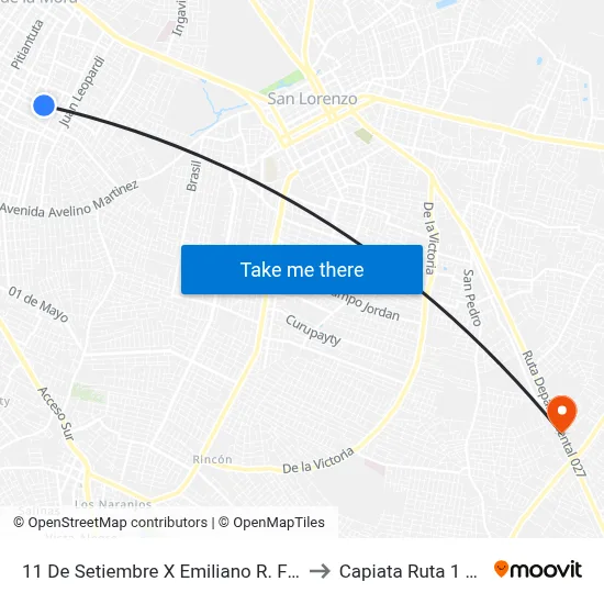 11 De Setiembre X Emiliano R. Fernandez to Capiata Ruta 1 Km 19 map