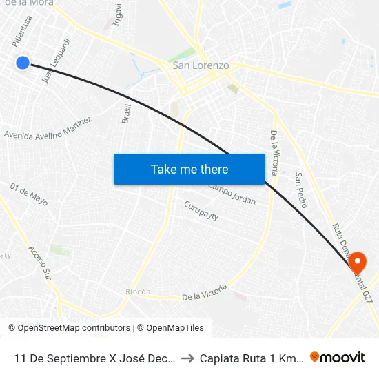 11 De Septiembre X José Decoud to Capiata Ruta 1 Km 19 map
