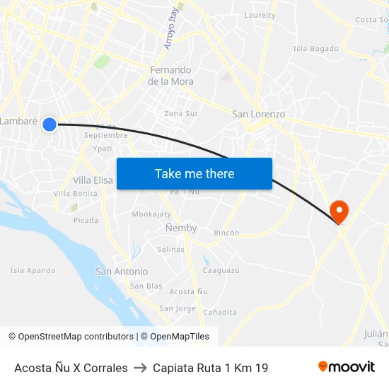 Acosta Ñu X Corrales to Capiata Ruta 1 Km 19 map