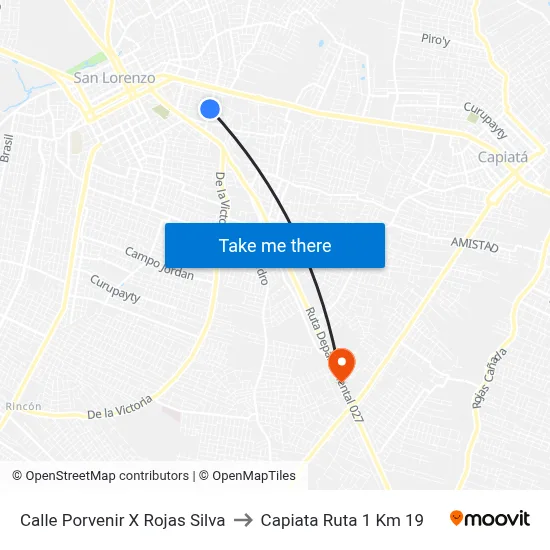 Calle Porvenir X Rojas Silva to Capiata Ruta 1 Km 19 map