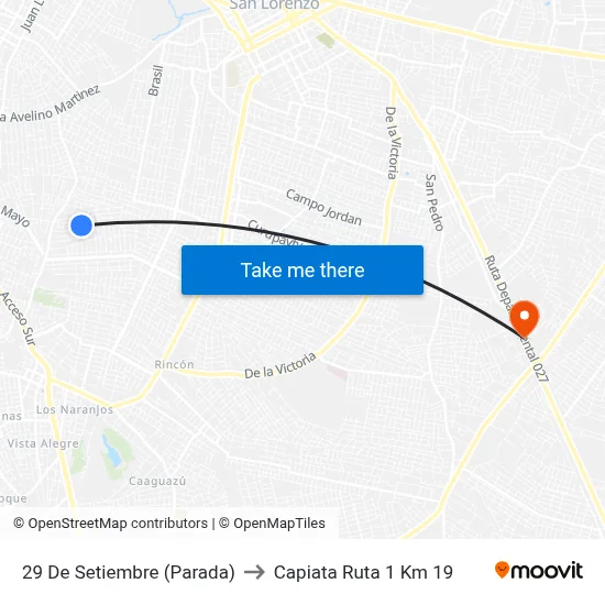 29 De Setiembre (Parada) to Capiata Ruta 1 Km 19 map
