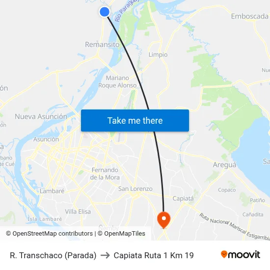 R. Transchaco (Parada) to Capiata Ruta 1 Km 19 map