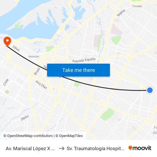 Av. Mariscal López X Capitán Bueno to Sv. Traumatología Hospital Militar Central map