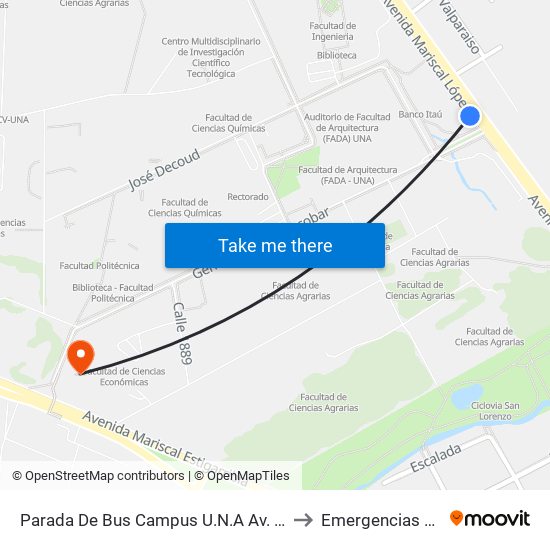 Parada De Bus Campus U.N.A Av. Mariscal López to Emergencias Médicas map