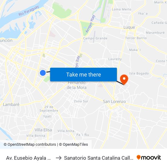 Av. Eusebio Ayala X Nazareth to Sanatorio Santa Catalina Calle'i San lorenzo map