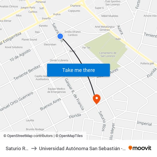 Saturio Rios to Universidad Autónoma San Sebastián - UASS map