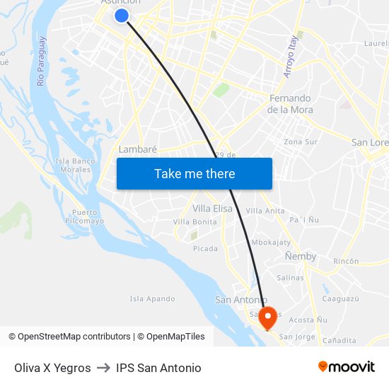 Oliva X Yegros to IPS San Antonio map