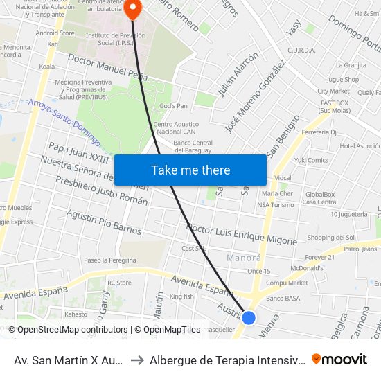 Av. San Martín X Austria to Albergue de Terapia Intensiva IPS map