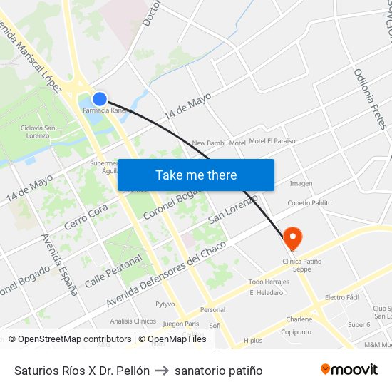 Saturios Ríos X Dr. Pellón to sanatorio patiño map