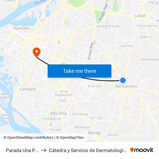 Parada Una Paseo Amelia to Cátedra y Servicio de Dermatología - Hospital de Clínicas UNA map