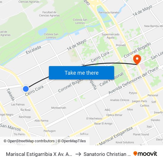 Mariscal Estigarribia X Av. Avelino Martínez to Sanatorio Christian (Cafeteria) map