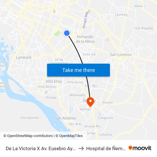 De La Victoria X Av. Eusebio Ayala to Hospital de Ñemby map