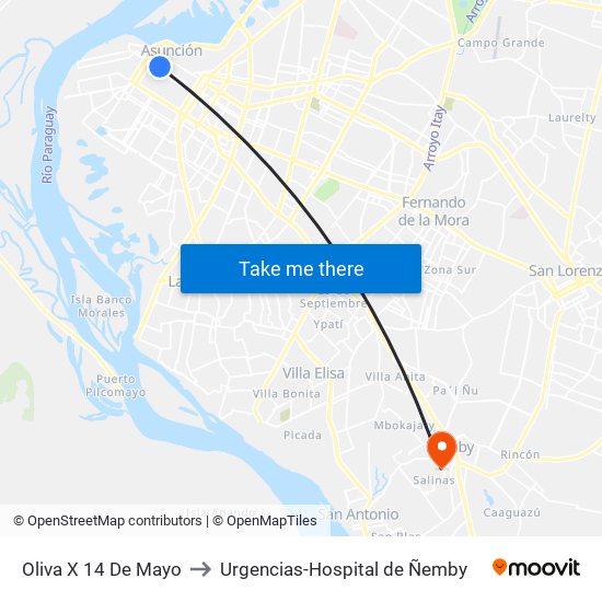 Oliva X 14 De Mayo to Urgencias-Hospital de Ñemby map