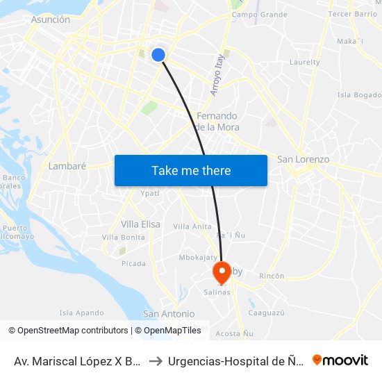 Av. Mariscal López X Bulnes to Urgencias-Hospital de Ñemby map