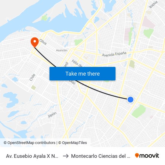 Av. Eusebio Ayala X Nazareth to Montecarlo Ciencias del Deporte map