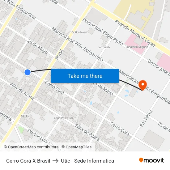 Cerro Corá X Brasil to Utic - Sede Informatica map