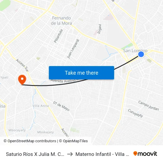 Saturio Ríos X Julia M. Cueto to Materno Infantil - Villa Elisa map