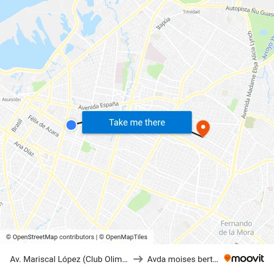 Av. Mariscal López (Club Olimpia) to Avda moises bertoni map