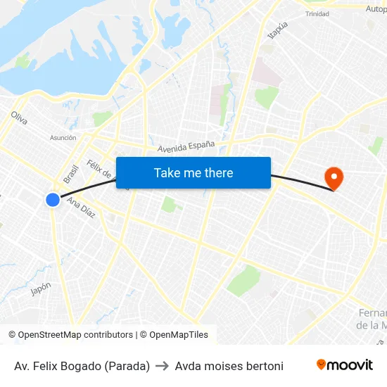Av. Felix Bogado (Parada) to Avda moises bertoni map