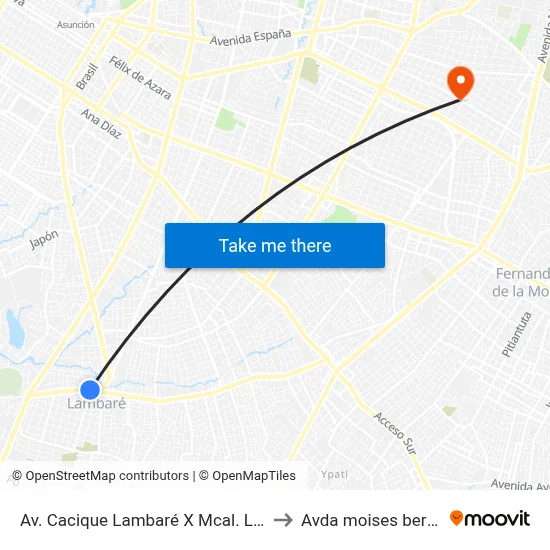 Av. Cacique Lambaré X Mcal. López to Avda moises bertoni map