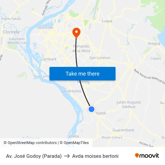 Av. José Godoy (Parada) to Avda moises bertoni map