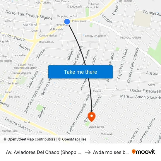 Av. Aviadores Del Chaco (Shopping Del Sol) to Avda moises bertoni map