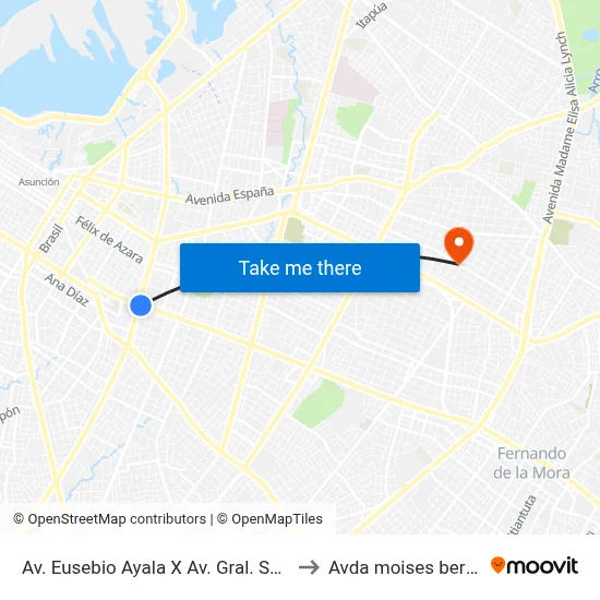 Av. Eusebio Ayala X Av. Gral. Santos to Avda moises bertoni map