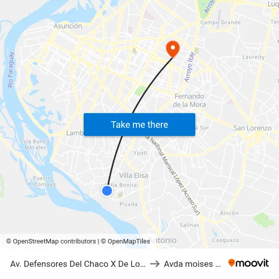 Av. Defensores Del Chaco X De Los Carreteros to Avda moises bertoni map