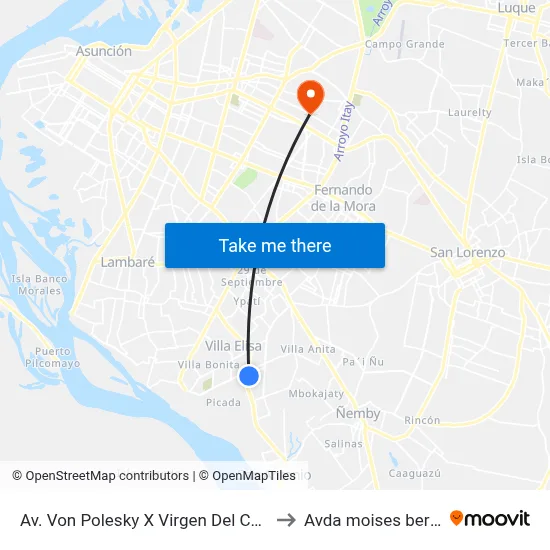 Av. Von Polesky X Virgen Del Carmen to Avda moises bertoni map