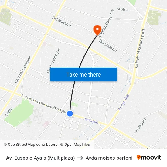 Av. Eusebio Ayala (Multiplaza) to Avda moises bertoni map