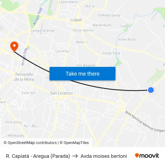 R. Capiatá - Aregua (Parada) to Avda moises bertoni map