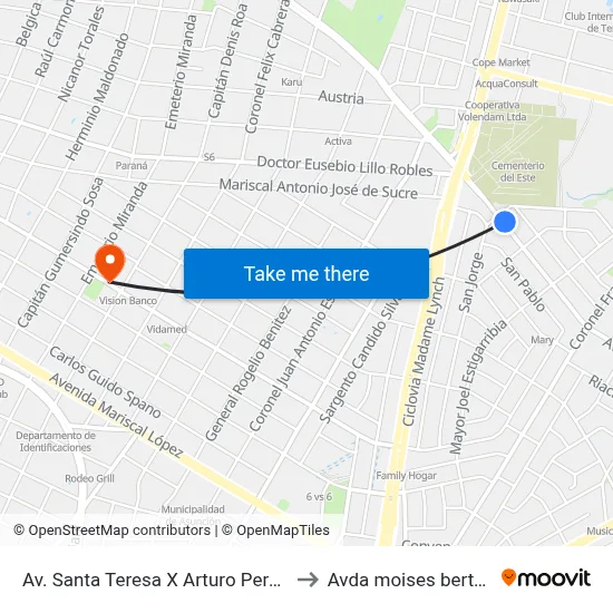 Av. Santa Teresa X Arturo Pereira to Avda moises bertoni map